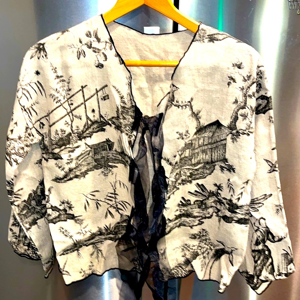 LOUIS SIMON for La Libellule TAN designer ASIAN BLAZER JACKET black ribbon ties